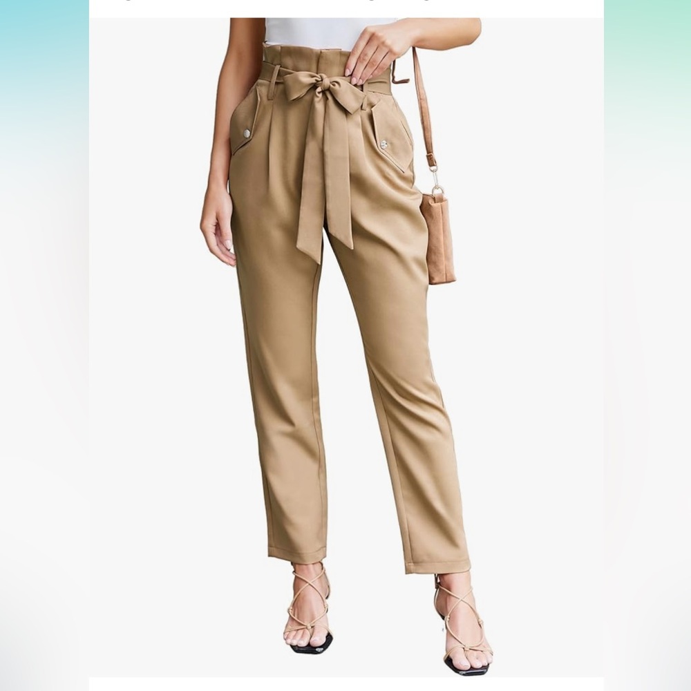 Beige Paper Bag High Waist Pants with Belt